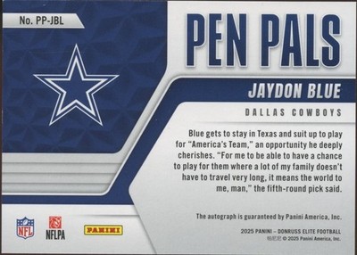 Jaydon Blue 2025 Elite Pen Pals Auto Autograph RC Dallas Cowboys