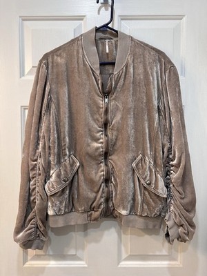 Free People Ruched Velvet Women s Bomber Jacket Size L Stone Beige Boho Festive