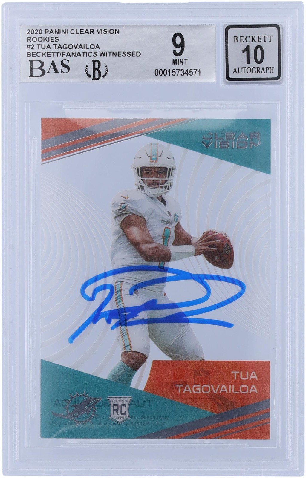 Tua Tagovailoa Miami Dolphins Signed 2020 Panini #CV-2 BAS 9/10 Rookie Card