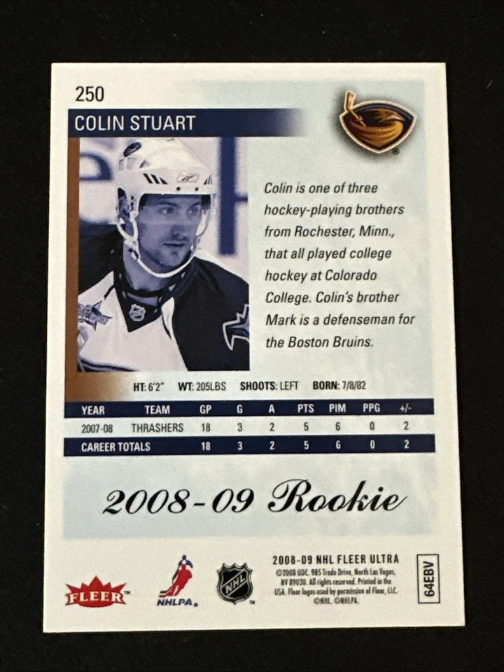 2008-09 Fleer Ultra Rookie 250 Colin Stuart Atlanta Thrashers - Image 2 of 2
