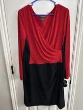 lauren ralph lauren Red and Black Long sleeve Dress Size 16 V Neck Plunge EUC