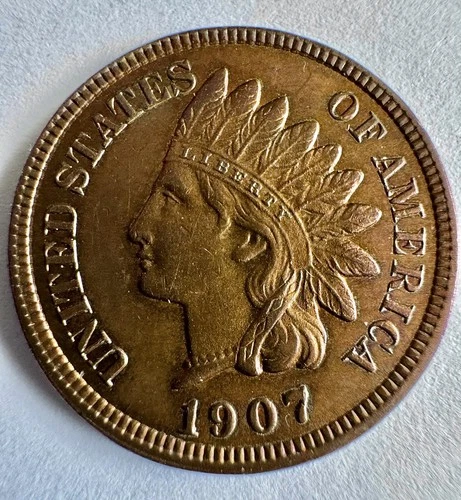 1907 Indian Head Cent w/ Strong Strike, 4 Diamonds & Full Beads, Feathers AU
