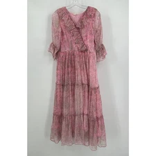 Saras Womens Size XS Maxi Dress Pink Paisley Sheer Tiered Boho Cottagecore Fairy