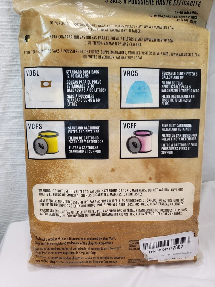 Saco de pó Vacmaster 12-16 galões alta eficiência, pacote com 3, VHBL - Imagem 2 de 3