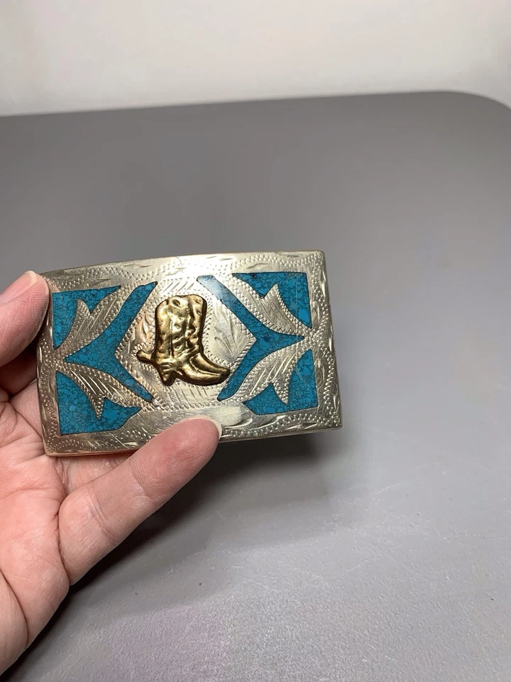 Vintage Alpaca Mexico Engraved Belt Buckle Turquoise Inlay Foto 3 de 4