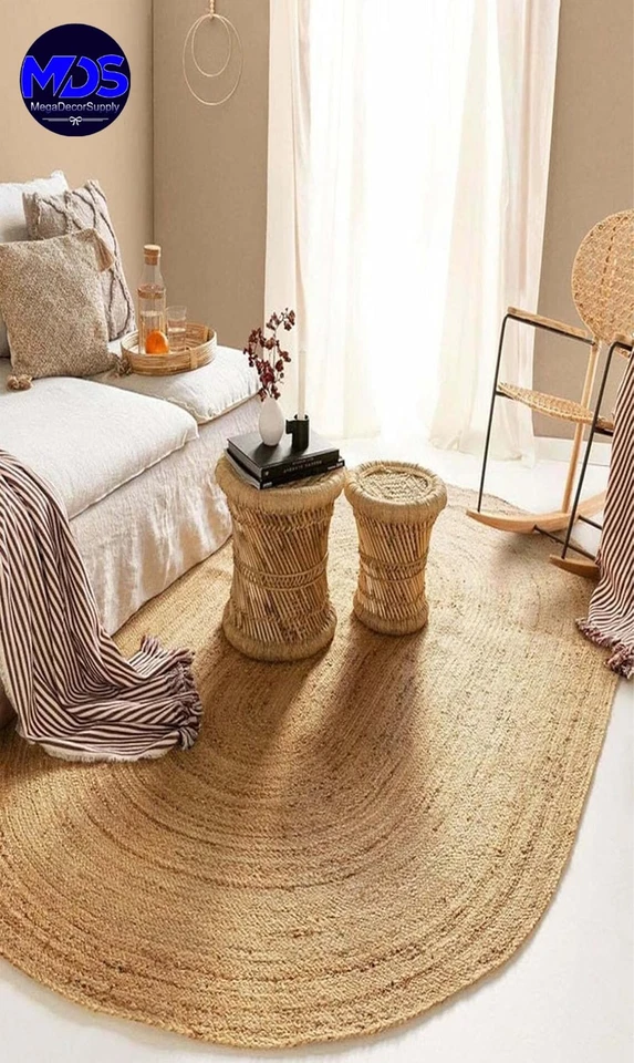 Alfombra de yute trenzada tejida a mano MDS Navidad - 2x4 pies ovalada, arpillera natural... Foto 3 de 4