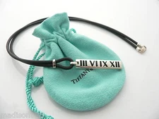 Tiffany & Co Silver Atlas Bar Surfer Necklace Rubber Cord 20 In Long Gift Pouch