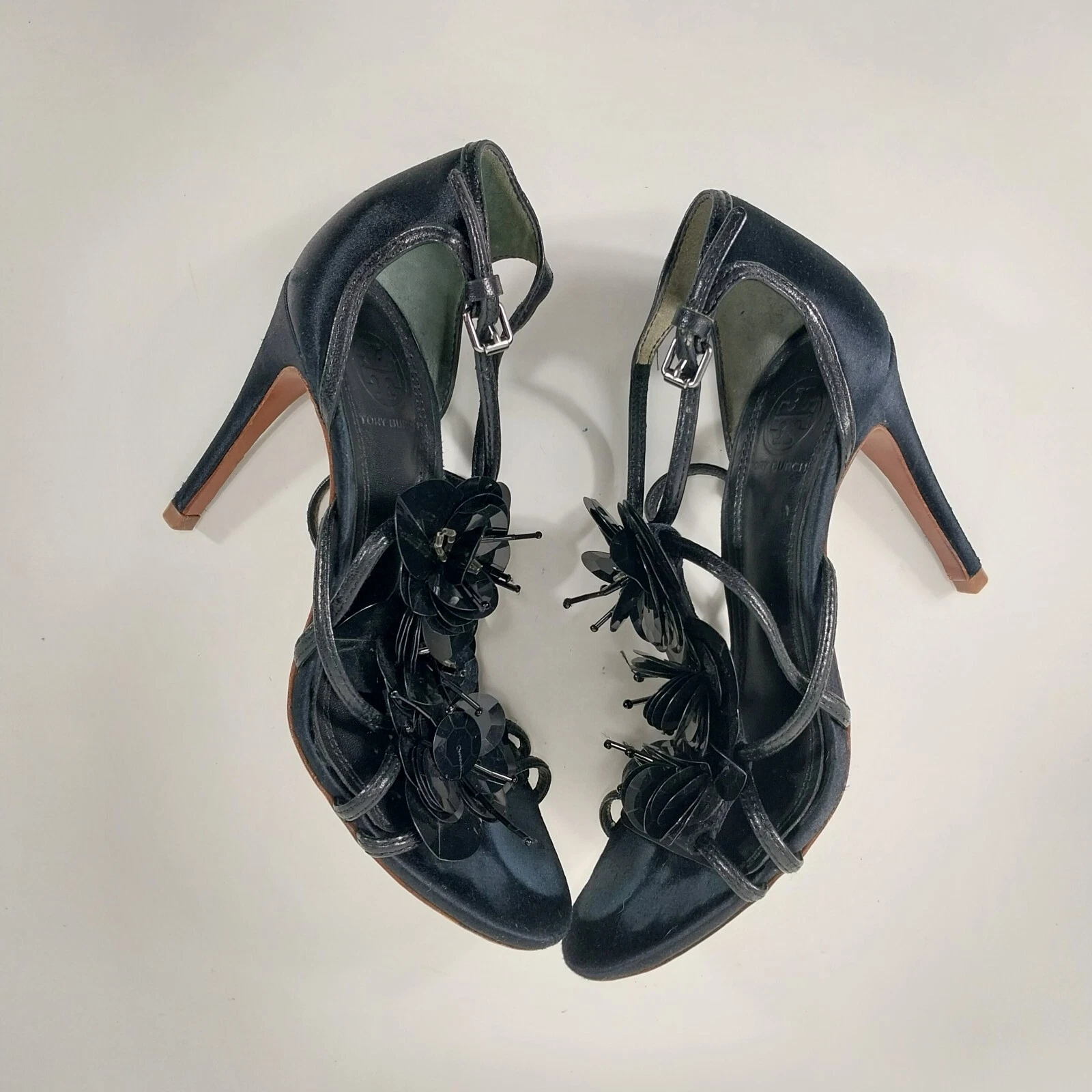 TORY BURCH Sandali 5 Emmanuelle neri tacco alto cinturino stiletto paillettes fiori