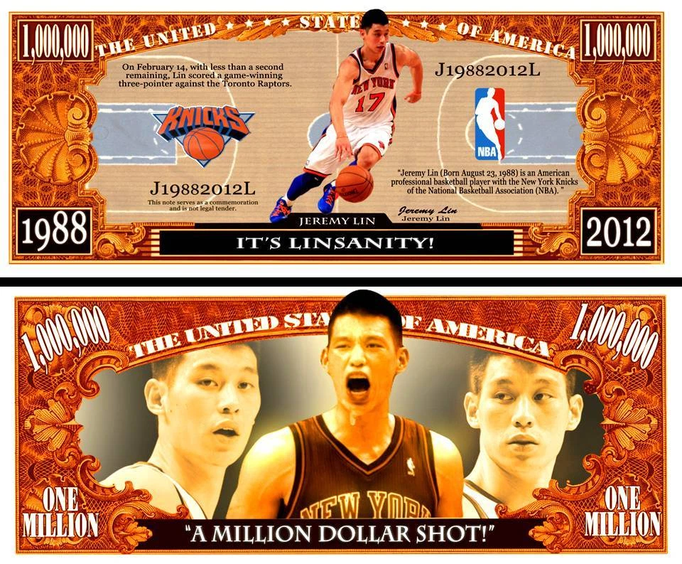 Jeremy Lin Million Dollar Bill Play Funny Money Novelty Note + FREE SLEEVE