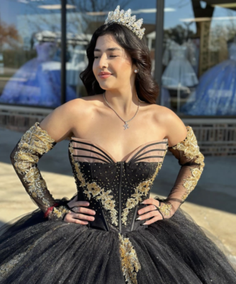 black and gold sweet sixteen dresses Black Off Shoulder Tulle Sweet 16 Gowns with Gold Applique, Charming E –  Cutedressy