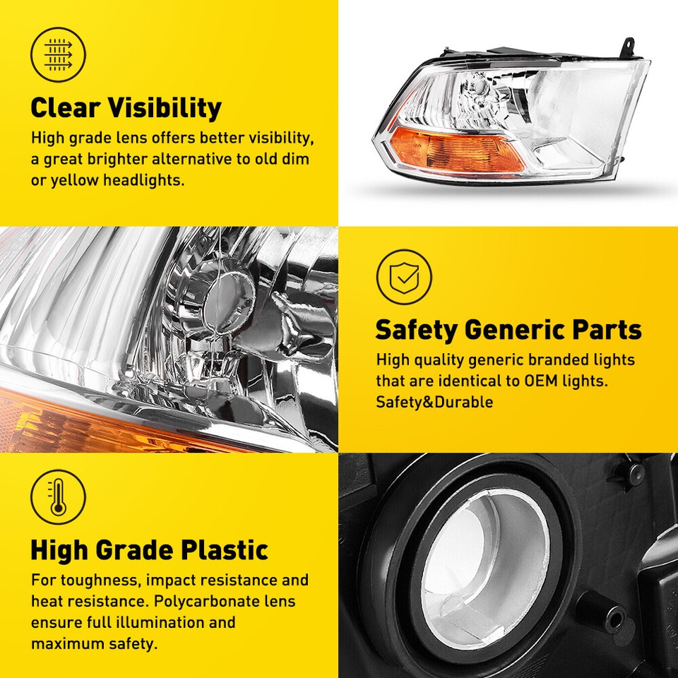 For 20092012 Dodge Ram 1500 Chrome/Amber Headlights Head Lamp LH+RH