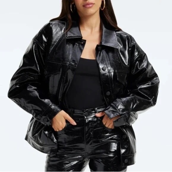 AMERI×Nハリ　FAKE LEATHER SHIRT JACKET Good American Patent Faux Leather Oversized Trucker Jacket S