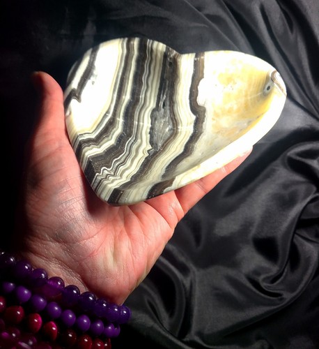 Large 5" 271g Beautiful Zebra Calcite Crystal Heart Dish Bowl Jewelry Holder - Picture 10 of 24