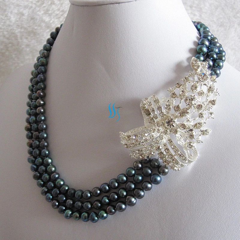 Collar de boda 18-20" 5-7 mm 3 filas de perlas de agua dulce X3200—MÁS COLORES Foto 4 de 4