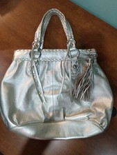 Soft Gold Color, B. Makowsky Large Leather Bag with Tassels and Zip Closure
