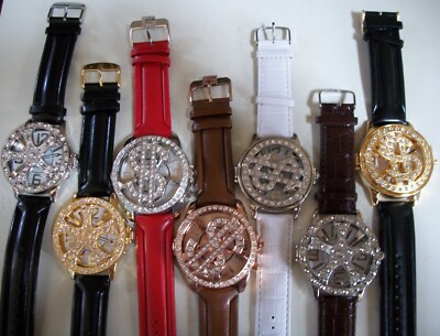 Men's $ sign & plain spinner  fashion leather band dressy hip hop watch