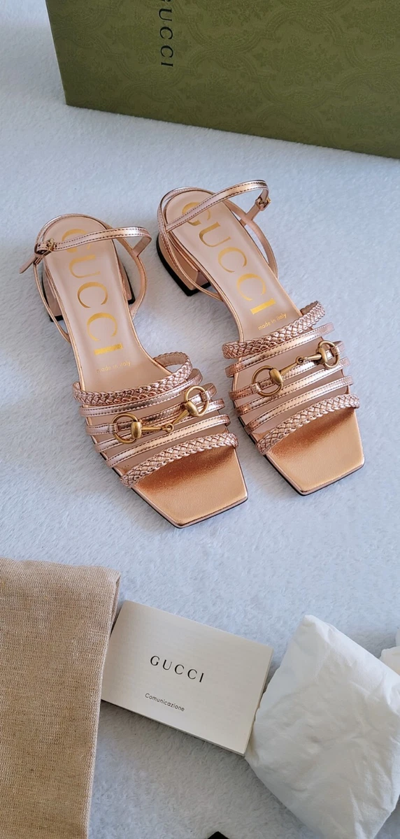 Gucci women s Horsebit Salmon Pink Metallic Leather Strap Logo Sandals 36.5 6.5