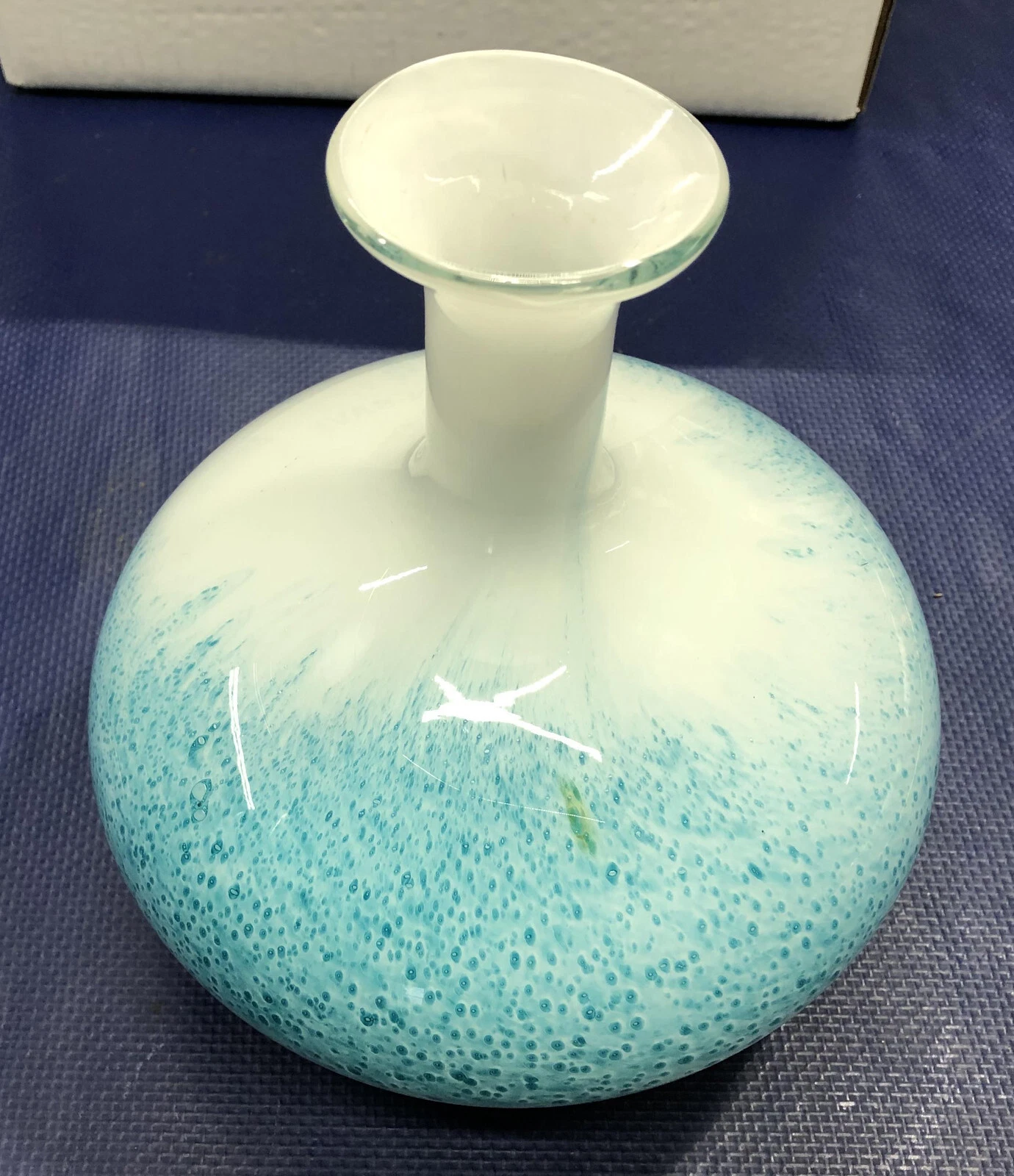 Pier 1 Imports Art Glass Vase White Blue Green Speckled 8.25"H blown aqua marine