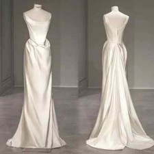 Satin Sheath Wedding Dresses Scoop Neck Pleats Backless Bridal Gowns Custom Made