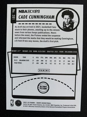 2021-22 Panini NBA Hoops Cade Cunningham Rookie Card RC #201
