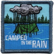 Girl Boy Cub CAMPED IN THE RAIN raining Fun Patches Badges SCOUT GUIDE camping