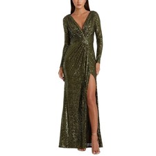 Mac Duggal 26490 Green Evening Gown Sequined Long Sleeve Column Dress Size 14