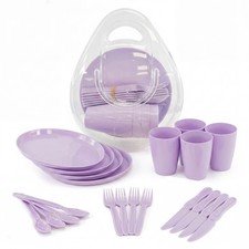 21 Pcs Picnic Cutlery Set for 4 Reusable Camping Plate Cup Storage Box Purple