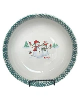 Thomson Pottery Winterland Green Holiday Snowman Serving Bowl 9x2.5” Vintage