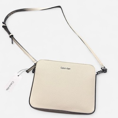 Calvin Klein Pebbled White Shoulder Bag with Chain Strap and Zipper Accent