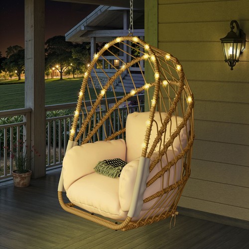 Swing Egg Chair w/ Light & Cushions Wicker Hammock Foldable Hanging Basket Chair