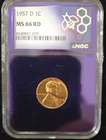 1957-D Lincoln Wheat Cent Penny NGC Purple Core MS 66 Red 1C