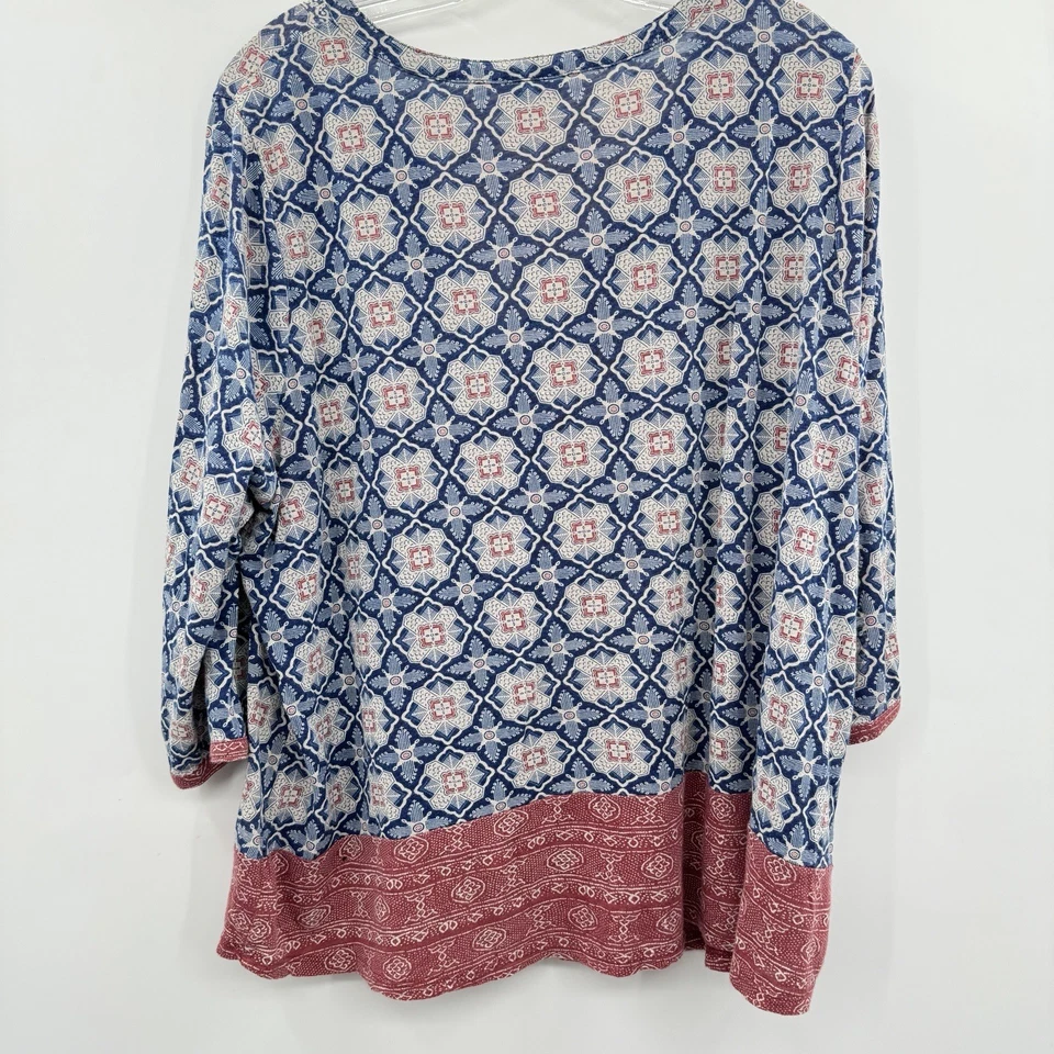 Lucky Brand Boho Printed Cotton Knit Top Sz 2X Red Blue Casual Office Split Neck - Image 2 of 4