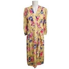 VTG Richard Warren Silk Floral Wrap Midi Dress Size 10 Yellow Romantic 80s