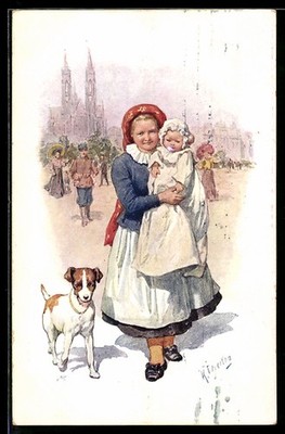 Artist postcard Charles holiday: mother with toddler on her arms and dog 