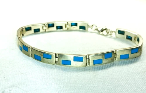 Vintage Sterling Silver 925 Turquoise Inlay Bracelet Size 7-3/4