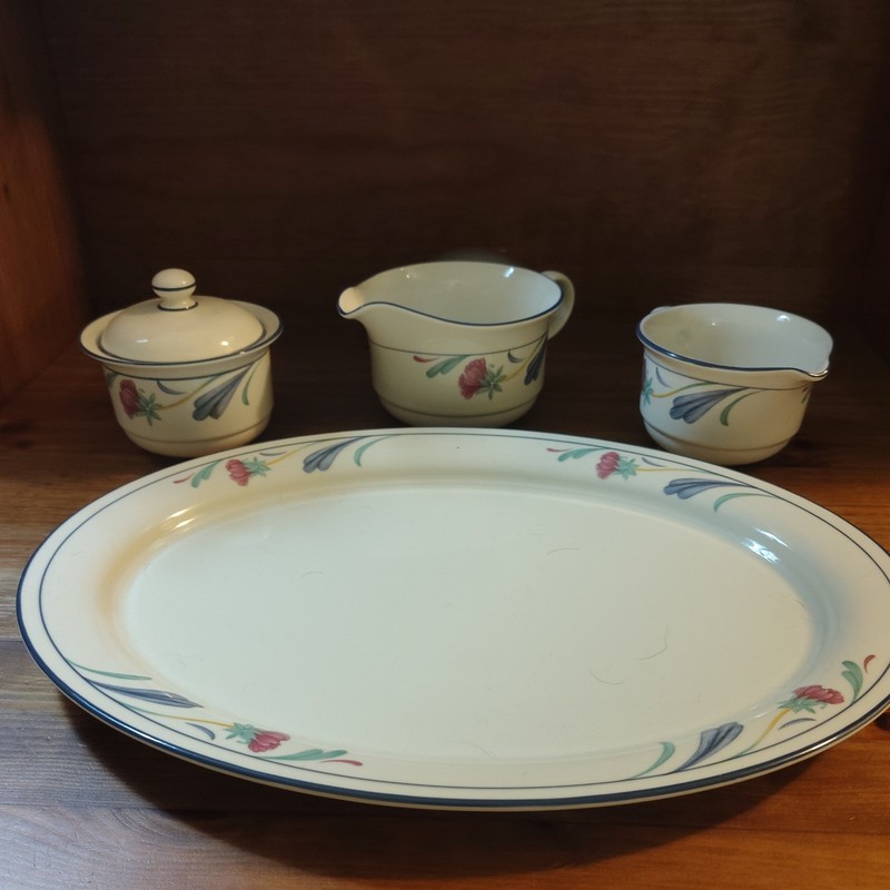Lenox Poppies On Blue Serving Plate & Creamer & Sugar Bowl