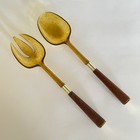 Vtg Mid Century Modern Amber Acrylic Lucite & Teak Wood Brass Salad Servers Set — photo 7