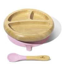 Avanchy Baby Plate Divided Bamboo Toddler Food with Silicone Spoon - Pink