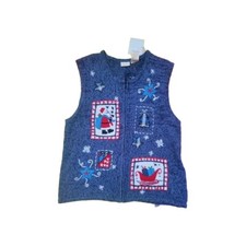 Vintage Bobbie Brooks Holiday Christmas Sweater Vest Womens Medium Blue zip