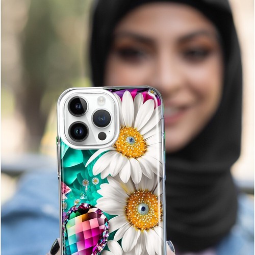For Apple iPhone 11 Shockproof Hybrid Case, Rainbow Gems Teal Daisies Slim Cover - 第 5/8 張圖片
