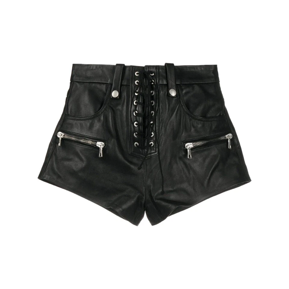 Calzoncillos de cuero negro genuino para mujer - Mini pantalones cortos largos - Cremallera frontal y bolsillo Foto 4 de 4