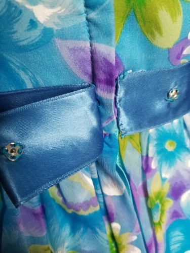 True Vintage 60s 70s Maxi Dress Floral Chiffon Hostess Blue Purple Green Floral - Picture 11 of 12