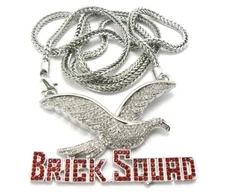 NEW MENS ICE BLING BRICK SQUAD PENDANT & 30" FRANCO CHAIN RHODIUM PLATED