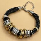 Black Braided Faux Leather Mixed Metal Ring Boho Fashion Bracelet