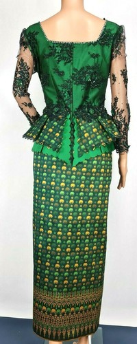 Cambodia Khmer Traditional Out fit Women Size L Green Lace Korean Silk Skirt - Picture 6 of 10
