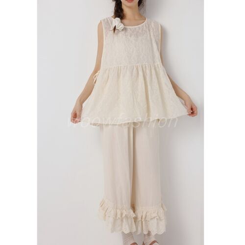 Women Cotton Lace Bloomers Wide Leg Pants Culottes Ruffle Capri Palazzo Trousers - Picture 4 of 14