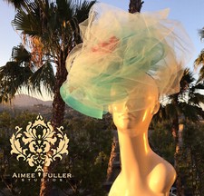 Aimee Fuller Del Mar Kentucky Derby Bridal Bride Fascinator Hat Aqua Pink Peony