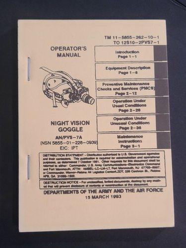 Army TM 11-5855-262-10-1 Night Vision Goggles NVG AN/PVS-7A | eBay