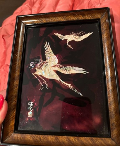 2 Vintage Rare Mother of Pearl Etched Japanese Heron Birds Art Pictures 7”x 5.5” - Picture 2 of 16