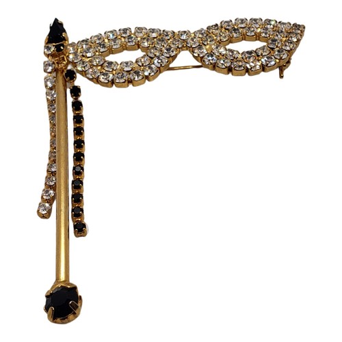 Vintage Black & Clear Rhinestone Masquerade Mask Brooch Pin